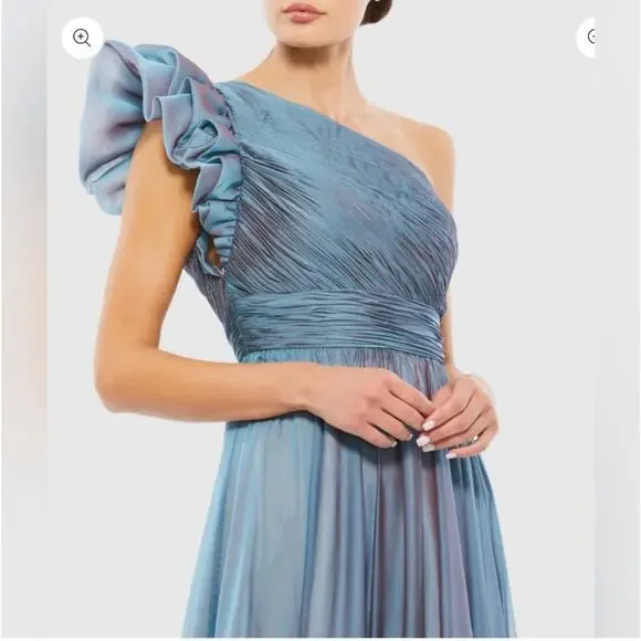 Mac Duggal One-Shoulder Tiered Chiffon Gown Fusion Blue Size 16 NWT